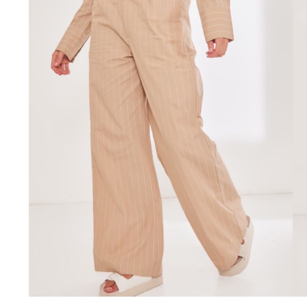 PrettyLittleThing Beige Striped Wide Leg Pants